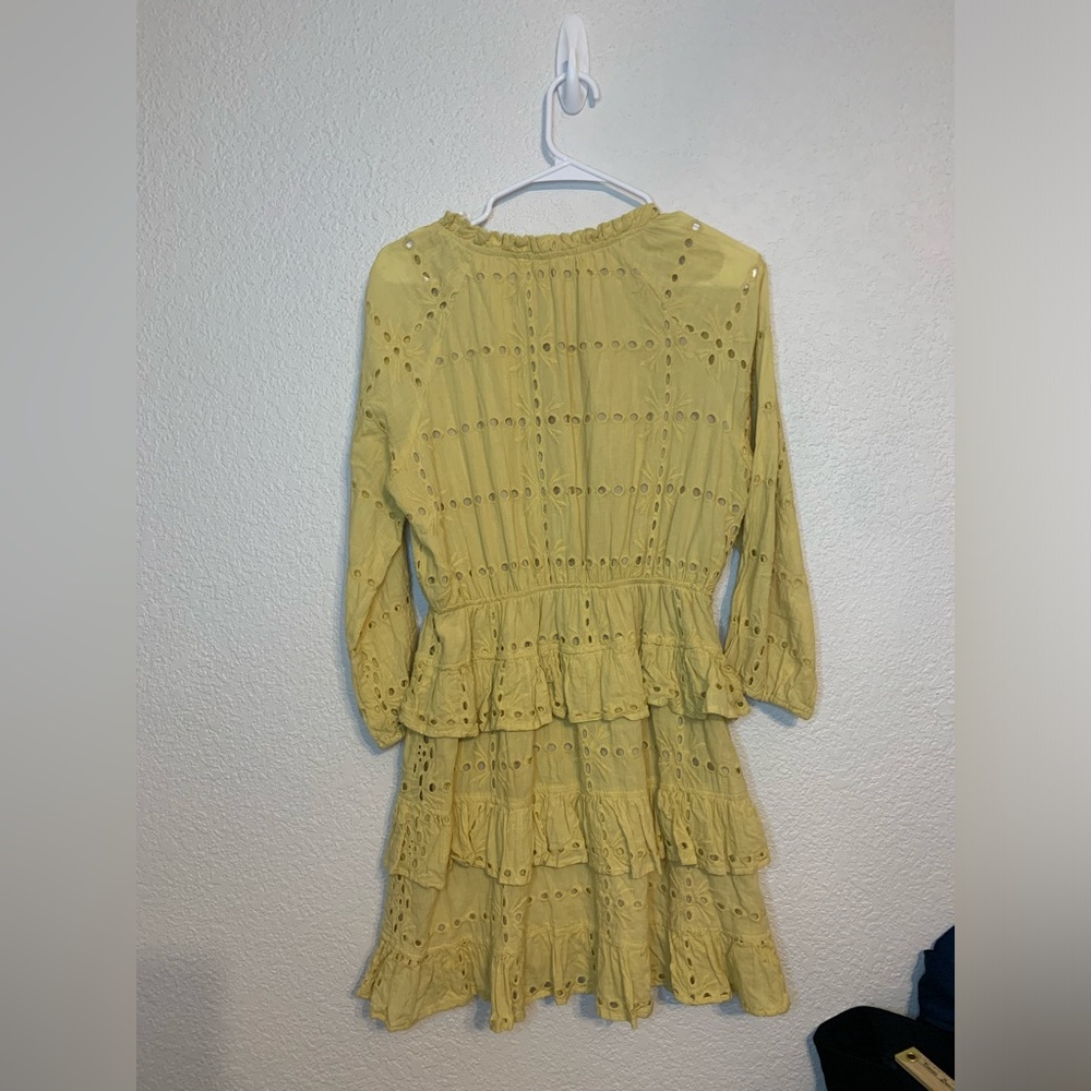 Listicle Yellow Eyelet Ruffle Mini Dress Boho Peasant 3/4 Sleeve Medium M - Picture 9 of 10
